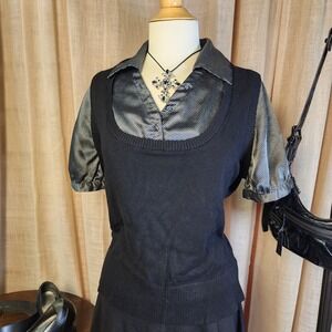 Apt 9 Woman 1X Layered Look Sweater Vest Top Short Sleeve Black Silver Dot